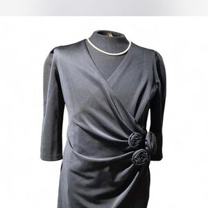 Donna Ricco Black Long Sleeve Wrap Dress with Rosette Accents